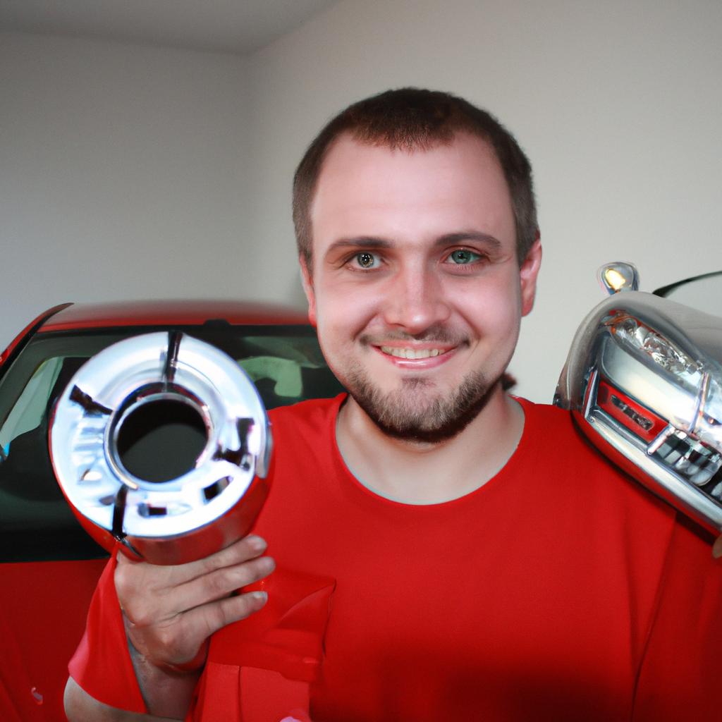 Person with car accessories, smiling