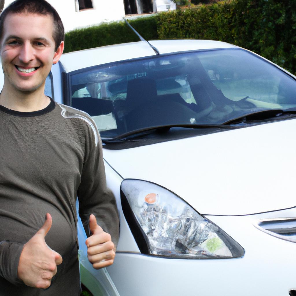 Person with hybrid car, smiling