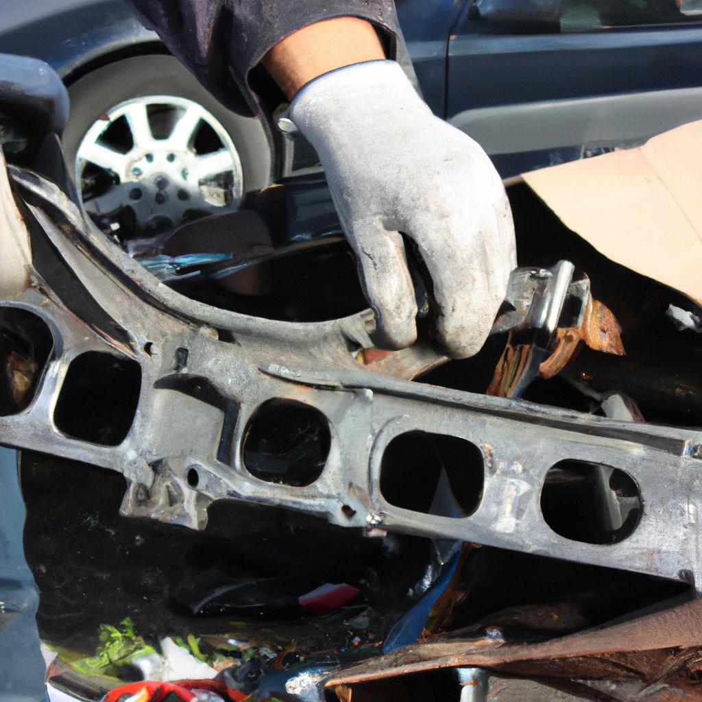 Person inspecting damaged car parts