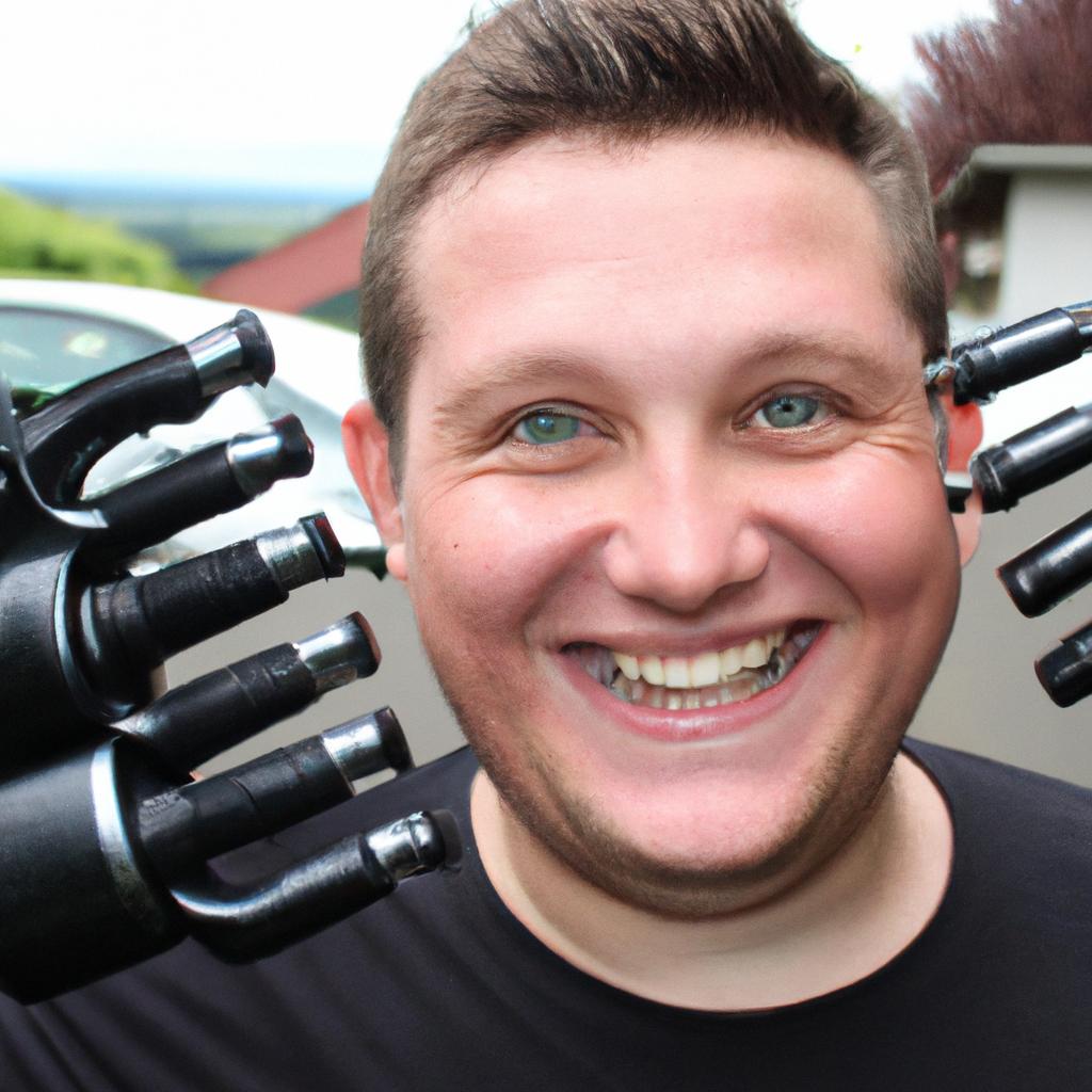 Person holding car accessories, smiling