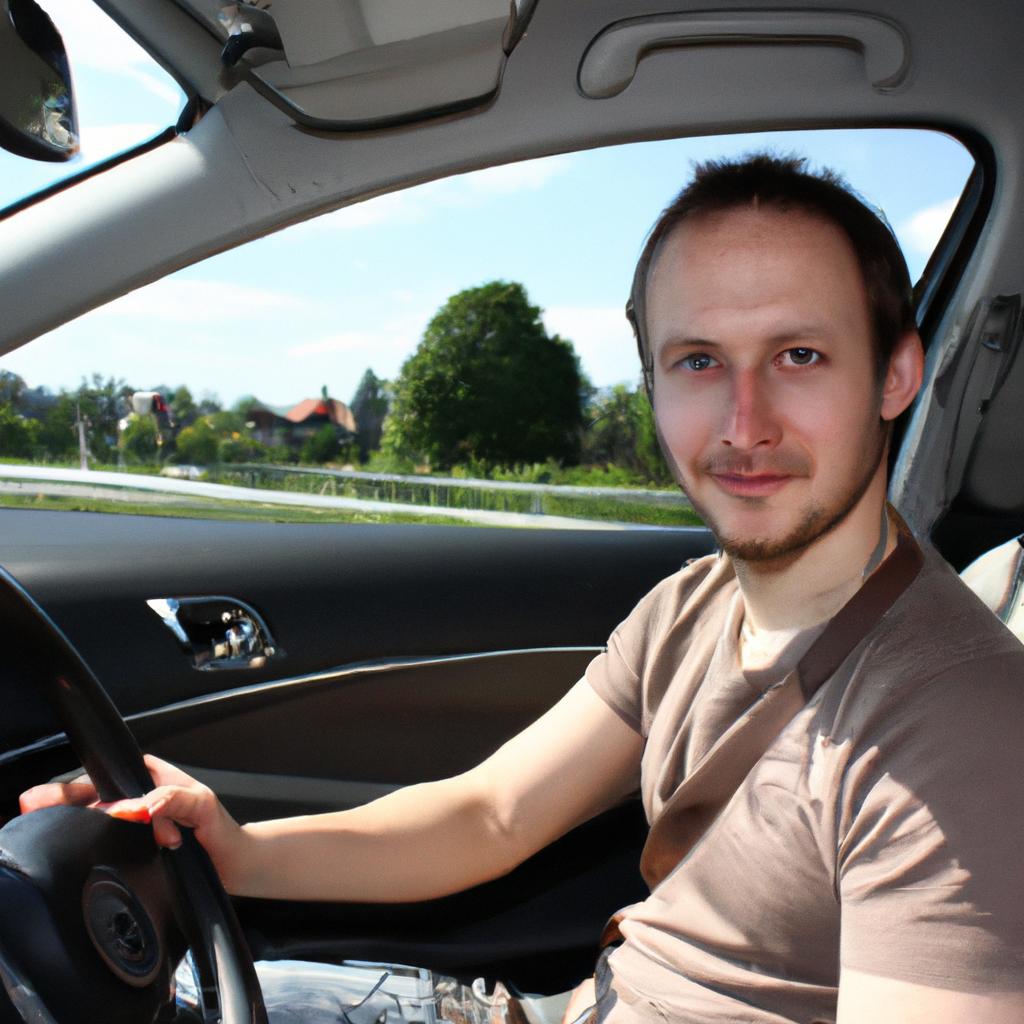 Person driving hybrid car, smiling